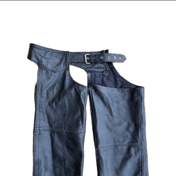 Vintage Interstate Leather Black Leather Motorcycle Biker Chaps Sz XXLARGE Flaws - Picture 2 of 13